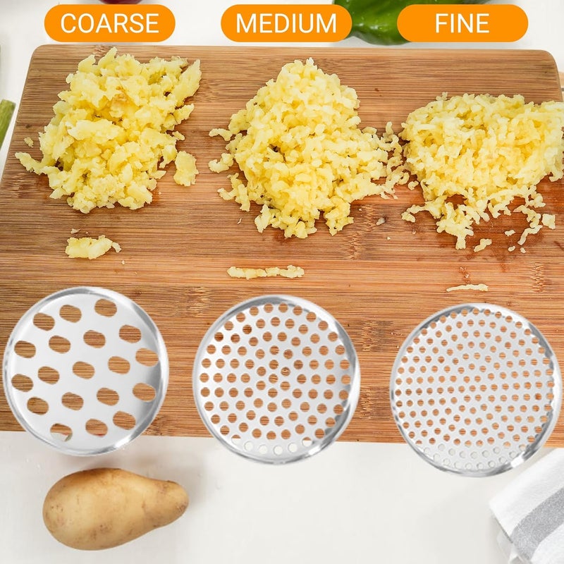 Amroicus Potato Ricer 15oz, Heavy Duty Stainless Steel Potato Masher with 3 Interchangeable Discs, Large Masher and Ricer Kitchen Tool for Mashed Potatoes, Spaetzle Noodle Maker, Potato Press - Image 2