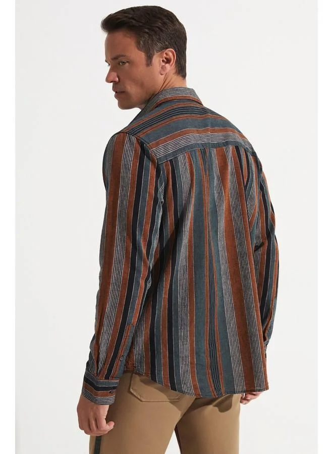 JUNE June Exclusive Men Long Sleeve Striped Shirt Khaki - Black