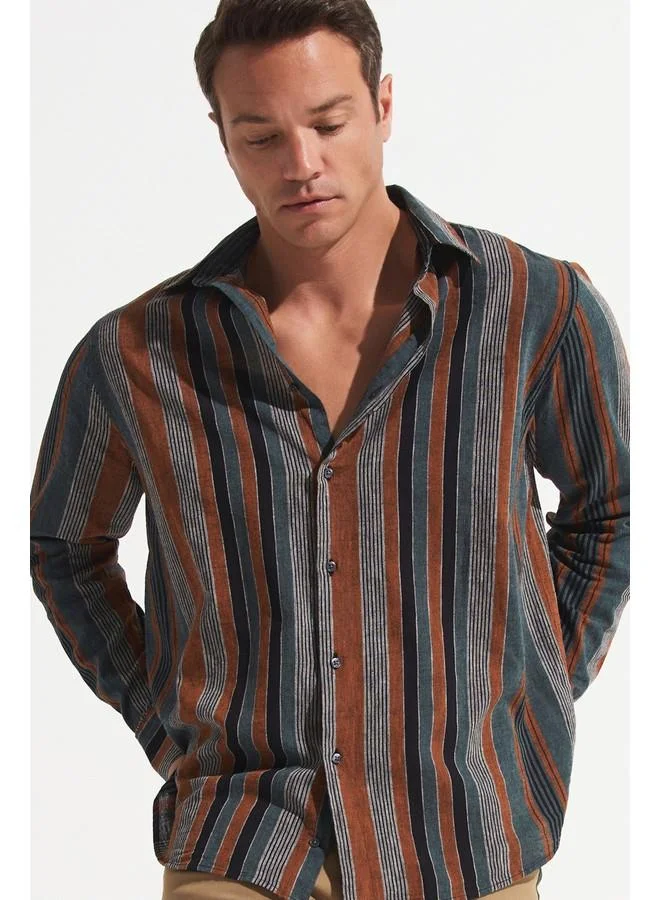 JUNE June Exclusive Men Long Sleeve Striped Shirt Khaki - Black