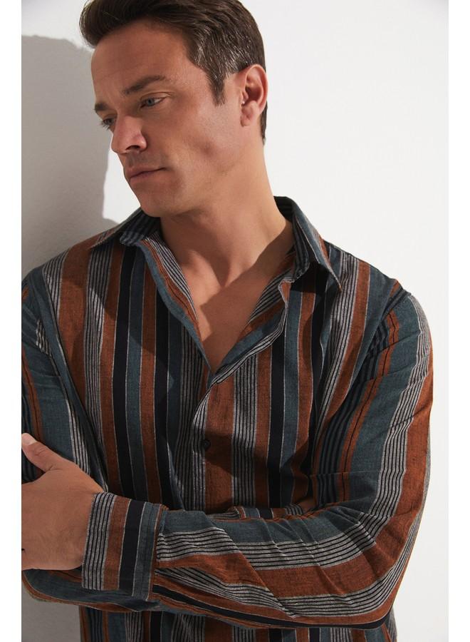 جون قميص رجالي بأكمام طويلة مخطط حصري لشهر يونيو كاكي - أسود - Image 2