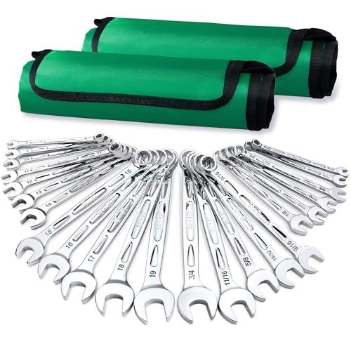 SK Combination Wrench Set SAE 516 to 34 Metric 8 to 19mm 23Piece SuperKrome Finish Premium CRV Construction with Rolling Pouch