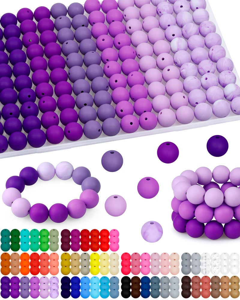 FIVEIZERO 160PCS FIVEIZERO 15mm Silicone Beads for Keychain Making - Mixed Color Round Rubber Beads Bulk, DIY Craft Supplies for Bracelets Necklaces Pens(Purple) - Image 1