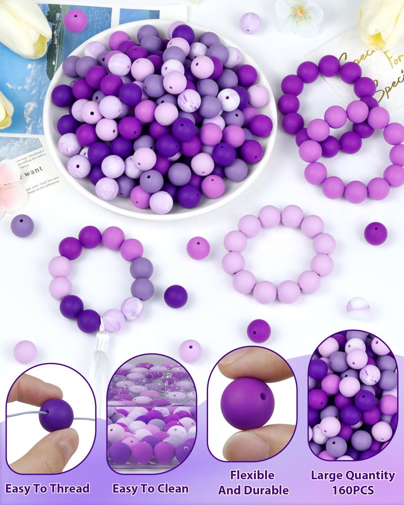 FIVEIZERO 160PCS FIVEIZERO 15mm Silicone Beads for Keychain Making - Mixed Color Round Rubber Beads Bulk, DIY Craft Supplies for Bracelets Necklaces Pens(Purple) - Image 3