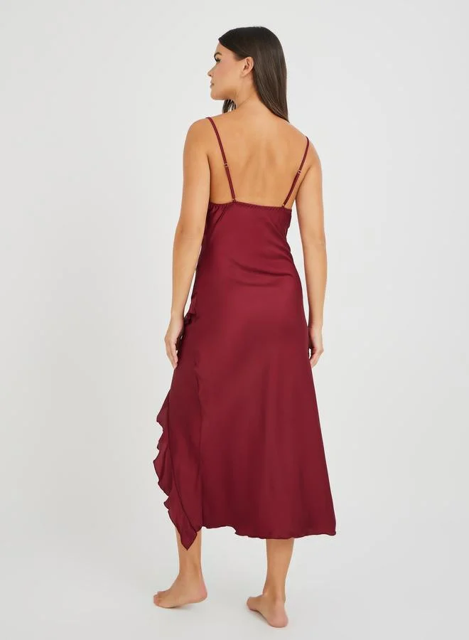Styli Styli Cowl Neck Ruffle Detail Satin Slip Dress
