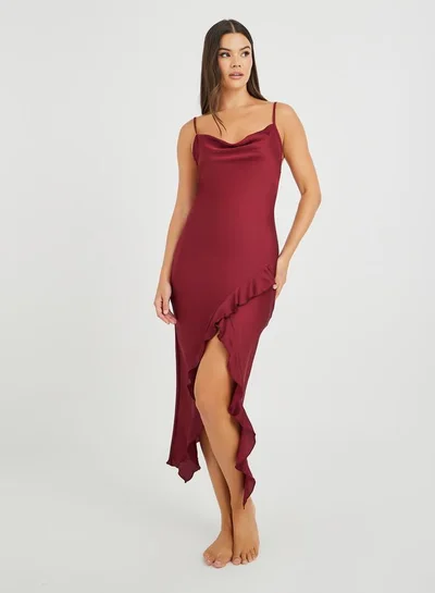Styli Cowl Neck Ruffle Detail Satin Slip Dress