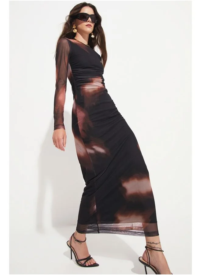 جون June Women's Crew Neck Ruched Detailed Maxi Dress