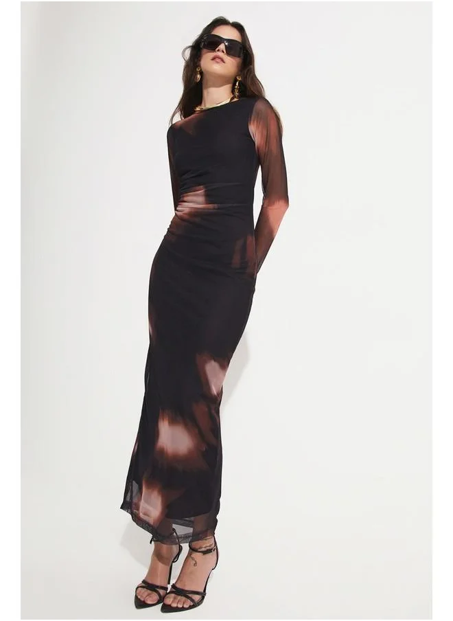 جون June Women's Crew Neck Ruched Detailed Maxi Dress