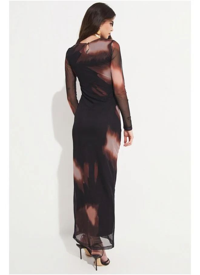جون June Women's Crew Neck Ruched Detailed Maxi Dress