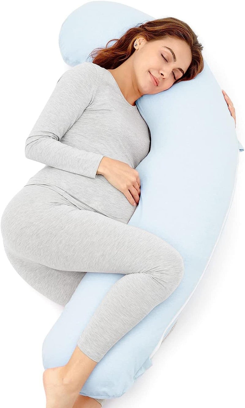 COOZLY J Shaped Pregnancy Pillow Maternity Pillow with 100 Cotton Removable Covers Light Blue - Image 1