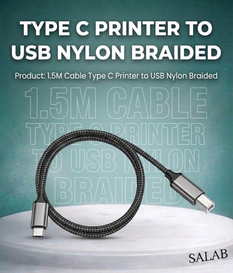 Salab 1.5M Cable Type C Printer to USB 2.0 Nylon Braided, Cable compatible with Canon Epson HP Lexmark Laptop Mobile Phone Printing and other Usb A/B Devices Data Connection Midi Cable, Printer Scanner Cord - Image 1