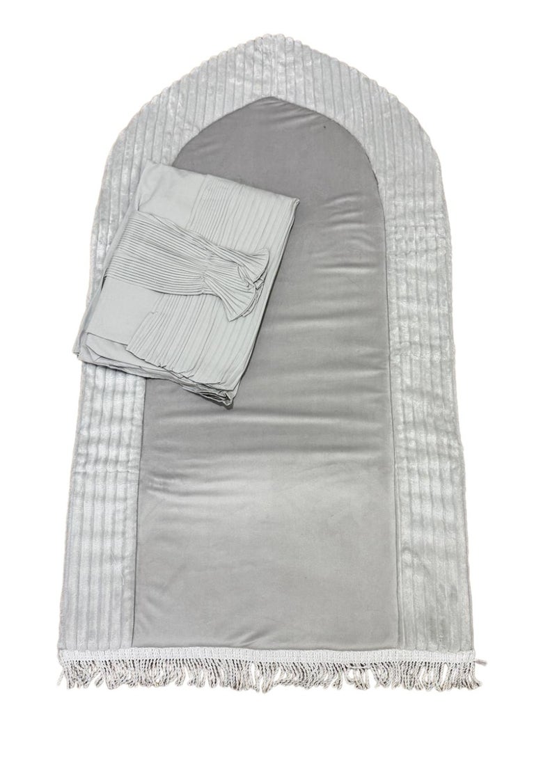 Women's prayer set: striped padded foam prayer mat with attached prayer shawl and pleated hijab. - Image 2