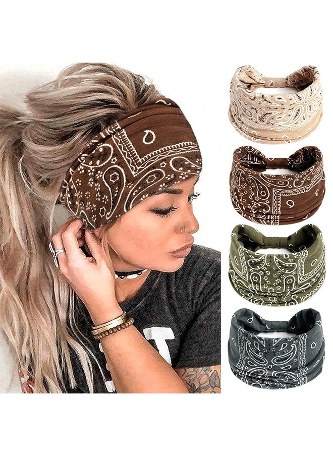 جيفت ٤ قطع من عصابات رأس بوهو للنساء، عصابات شعر عريضة بنقشة بيزلي عتيقة، عصابة رأس أفريقية كبيرة مرنة غير قابلة للانزلاق، مناسبة للتمارين الرياضية. - Image 1