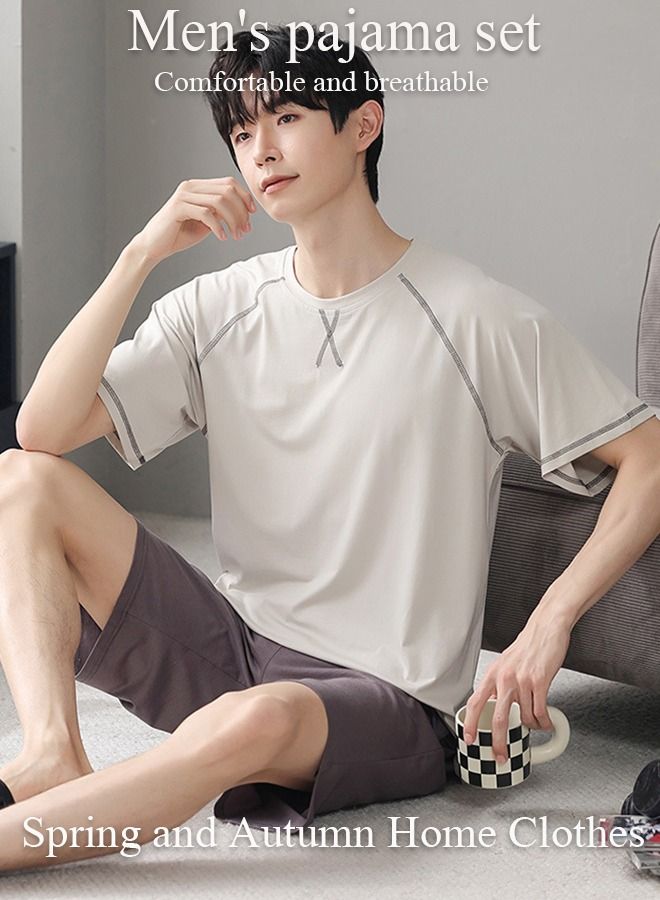 DUNISO Men's Pajama Sets 2Pcs Sleepwear Pajamas Set Short Sleeve Lounge Pjs Set Short-Sleeved T-Shirt Short Pants Male Loose for Loungewear Sleepwear with Pockets - Image 1