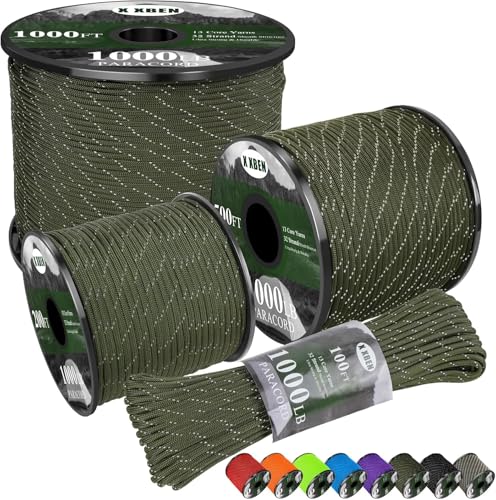 X XBEN Paracord Reflective 4mm 1000lb Paracord Rope Parachute Cord Camping Rope Ideal Paracord String 501002005001000ft Olive 50ft - Image 1