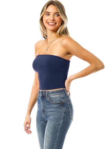MixMatchy Women's Strapless Tube Tops Basic Bandeau Crop Sleeveless Backless Casual Sexy Going Out Summer 2025 Navy Blue S - Image 5