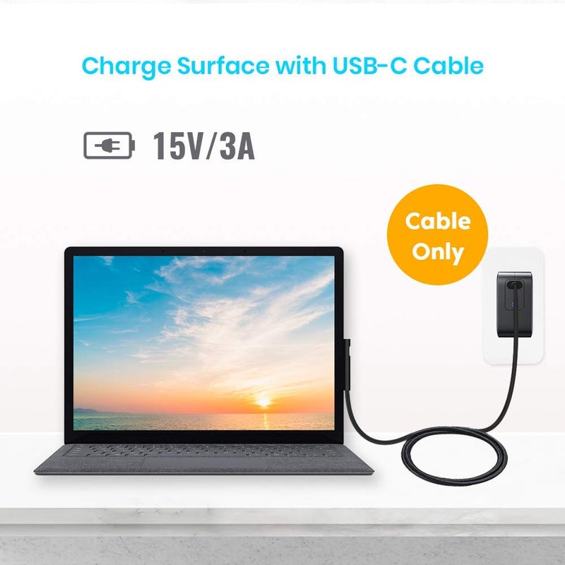 Nylon Braided Surface USB-C Charging Cable PD 15V for Surface Pro 7/6/5/4/3, Surface Laptop 3/2/1, Surface Go - Image 2