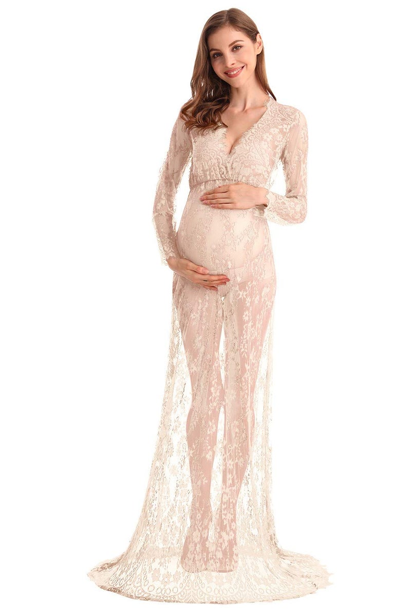 MYRISAM Boudoir Maternity Long Sleeve Lace Dress Women Deep V-Neck Wedding Party Long Dress Milk Bath Photoshoot Gown Beige M - Image 1