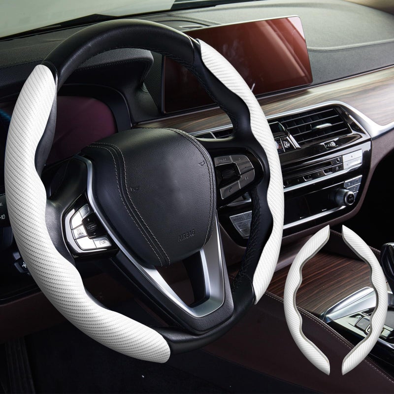 WOCOCN 2pcs Car Steering Wheel CoverAntiSkid Carbon Fiber Steering Wheel Protector for Men WomenMultiple Color OptionsUniversal for Most Car Interiors Accessories White