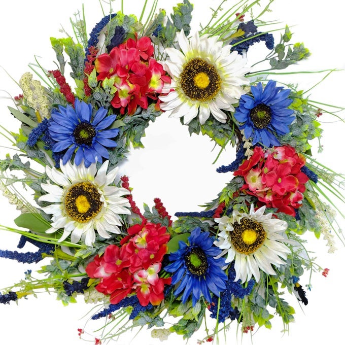 TEMPUS 20 Inch Patriotic Wreath for Front Door Artificial Sunflower Red White and Blue Hydrangea Wreath 4th of July Independence Day Memorial Day Flag Day Hanging Decorations
