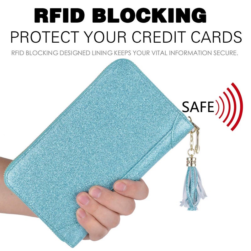 Easyoulife محفظة حامل بطاقات الائتمان Easyoulife للنساء بحزام سحاب من الجلد مع حماية RFID (تألق أزرق مائل للون الأخضر) - Image 4