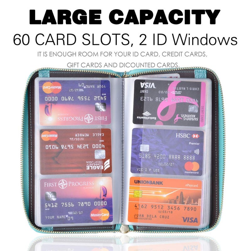 Easyoulife محفظة حامل بطاقات الائتمان Easyoulife للنساء بحزام سحاب من الجلد مع حماية RFID (تألق أزرق مائل للون الأخضر) - Image 3