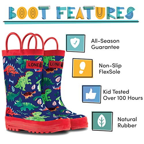 LONECONE Lone Cone Rain Boots with Easy-On Handles in Fun Patterns for Boys and Girls, Play-Proof Flexible Rubber, Durable Non-Slip Treads, Kid-Friendly for Hours of Joy - Puddle-a-Saurus, 2 Little Kid - Image 2