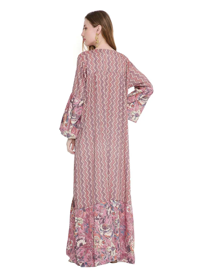 هانا آند سارا long viscose printed farasha with unique thread embroidered arabic kaftan jalabiya dress