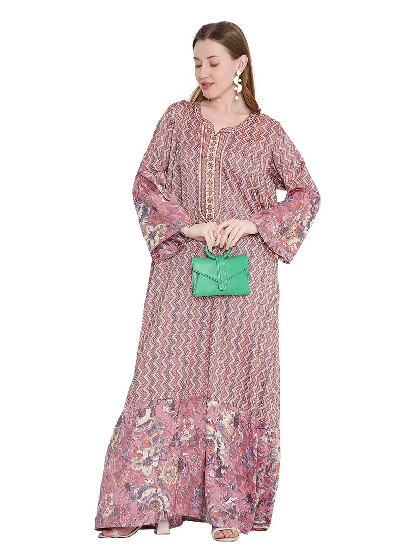 هانا آند سارا long viscose printed farasha with unique thread embroidered arabic kaftan jalabiya dress