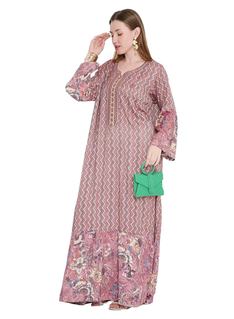 HANA & SARA long viscose printed farasha with unique thread embroidered arabic kaftan jalabiya dress