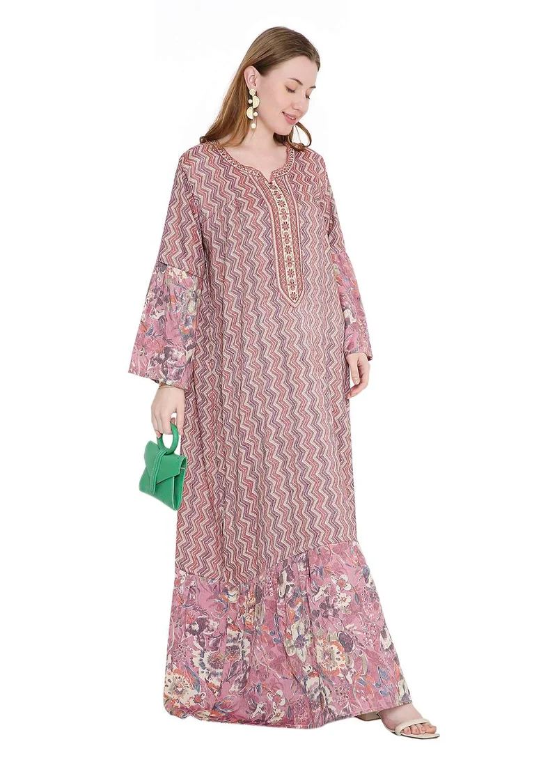 HANA & SARA long viscose printed farasha with unique thread embroidered arabic kaftan jalabiya dress