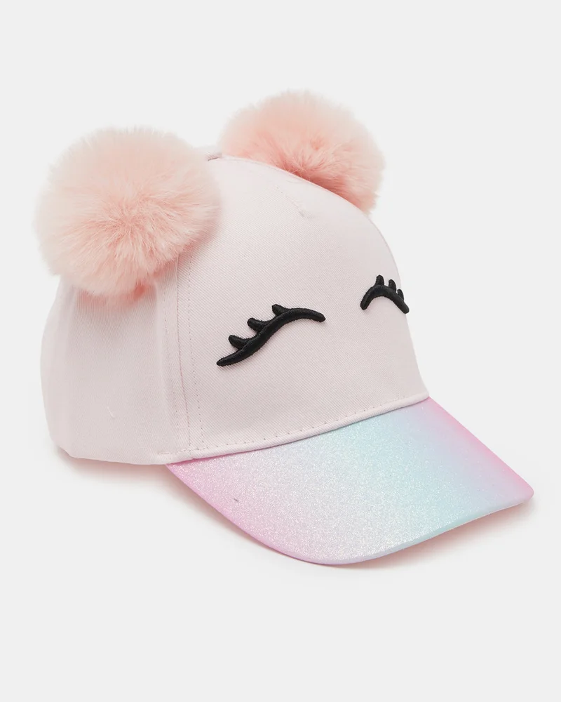 REDTAG Girls Pink Pompom With Cute Face Embellished Cap