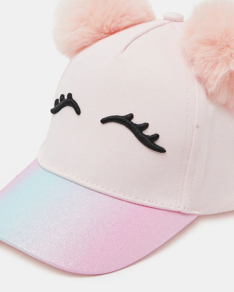 REDTAG Girls Pink Pompom With Cute Face Embellished Cap