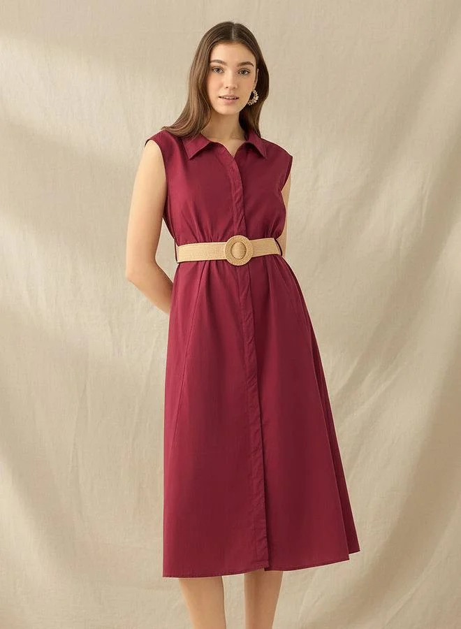 سبلاش فيڤ Shirt Midi Length Cotton Dress with Belt