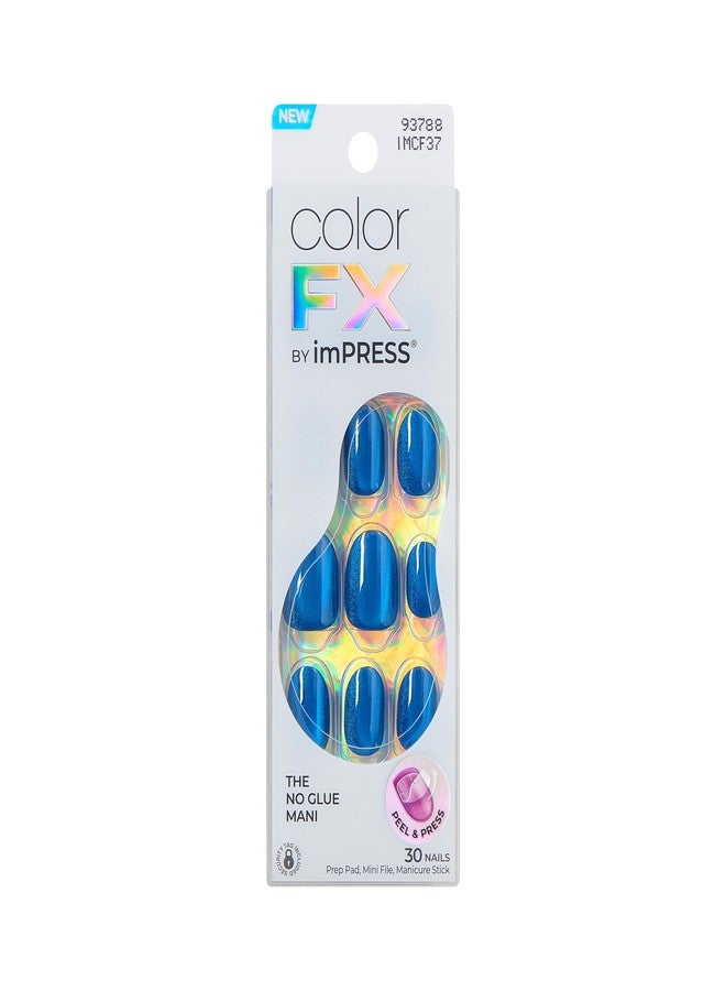 إمبريس أظافر Kiss colorFX من Impress اللاصقة، Reconnect، مجموعة 30 ظفرًا لاصقًا بدون غراء، مع لاصق مُحسّن، لون أزرق بيضاوي قصير بتأثير لؤلؤي، تتضمن وسادة تحضير، عصا مانيكير، ومبرد أظافر صغير. - Image 1