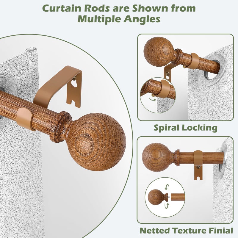 HTZON Brown Wood Grain Ball Adjustable Curtain Rods, 36-88" Heavy Duty, Farmhouse Rustic Single Window Curtain Rods, Indoor/Outdoor, Iron with Imitation Wood Grain Finish - Image 3