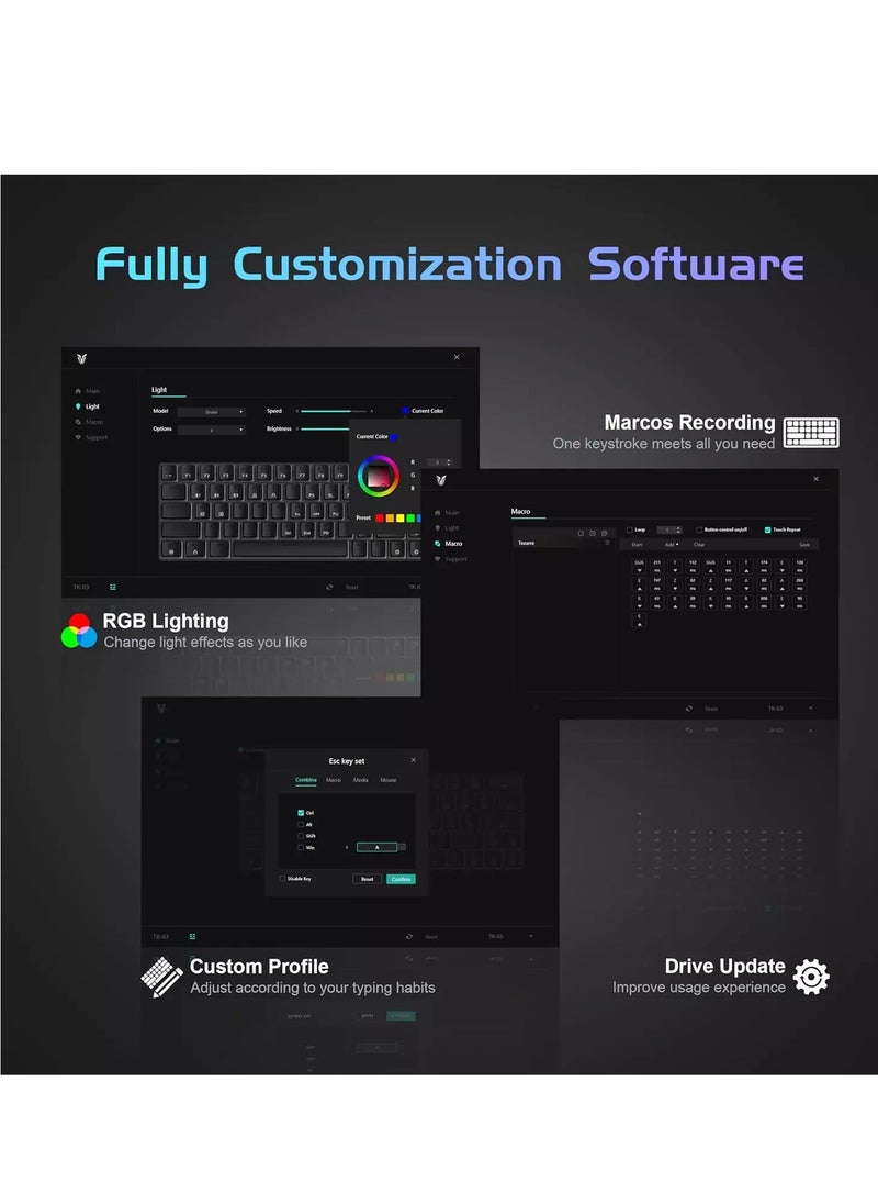 Tezarre TK63 3 Mode Wireless, Bluetooth, Wired RGB Keyboard - Hot Swappable Optical Gateron Black Switch - Pudding Keycaps (Black)  - Image 3