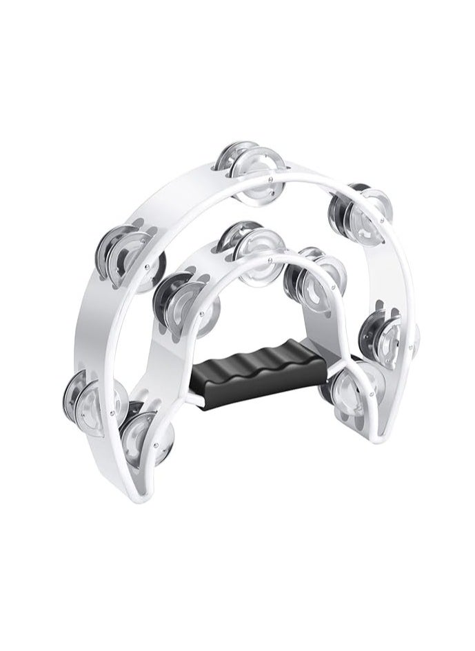 Megarya Megarya Tambourine Metal Half Moon Musical Instruments Double Row Metal Jingles Hand Held Instruments Percussion with Ergonomic Handle Grip, Tambourines for Adults Church, White  - Image 1