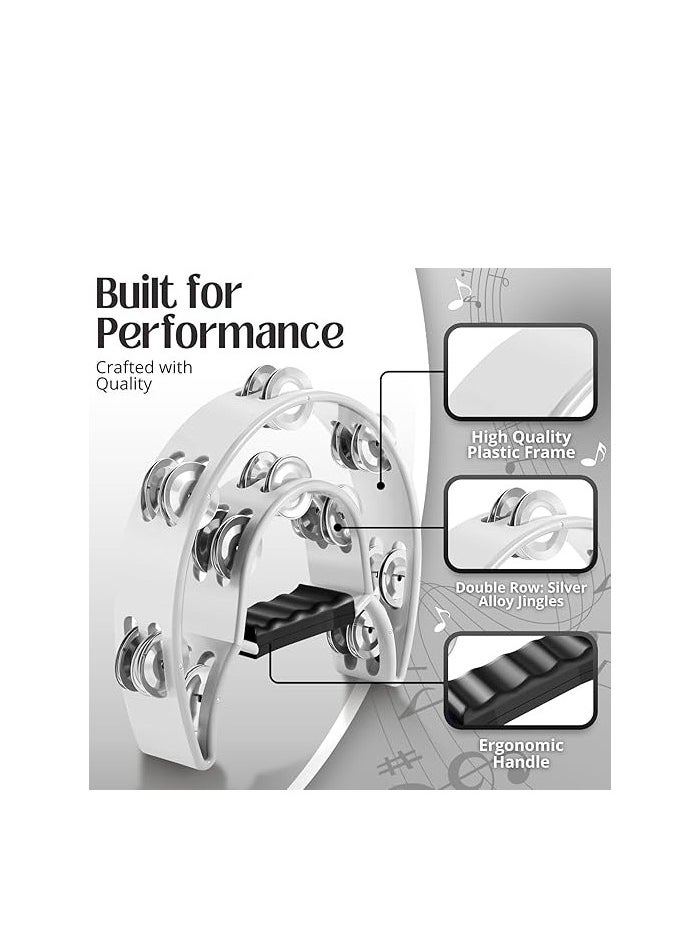 Megarya Megarya Tambourine Metal Half Moon Musical Instruments Double Row Metal Jingles Hand Held Instruments Percussion with Ergonomic Handle Grip, Tambourines for Adults Church, White  - Image 2