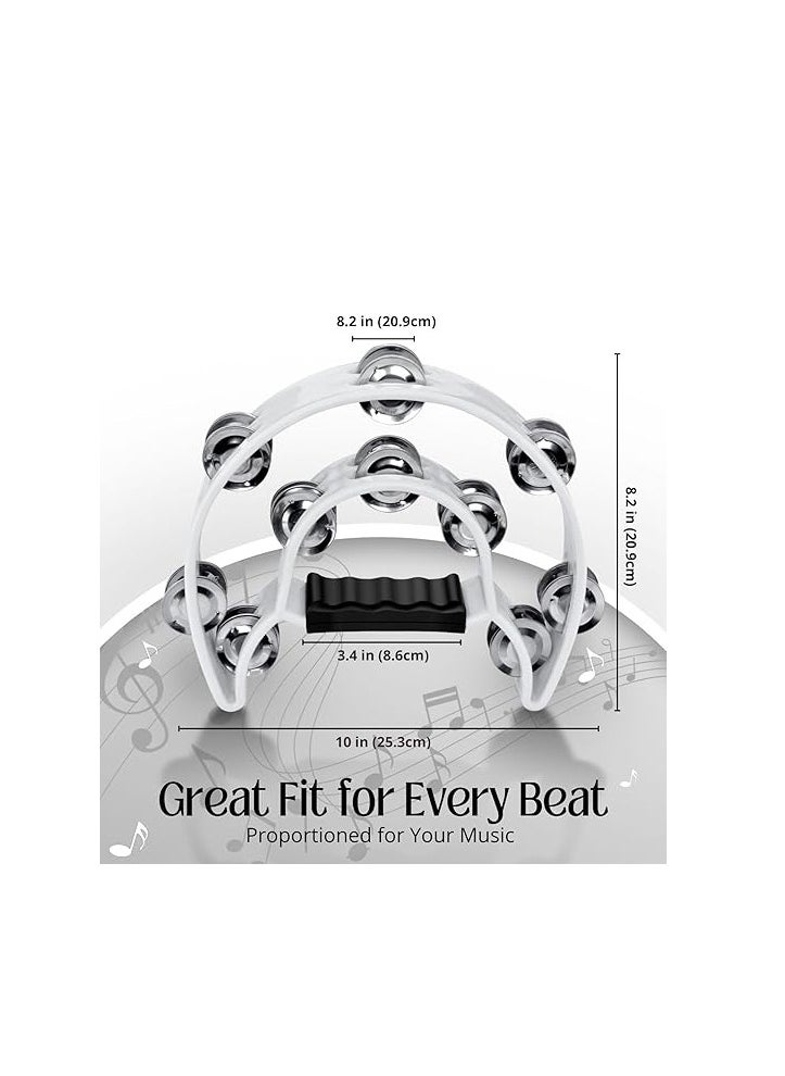 Megarya Megarya Tambourine Metal Half Moon Musical Instruments Double Row Metal Jingles Hand Held Instruments Percussion with Ergonomic Handle Grip, Tambourines for Adults Church, White  - Image 3