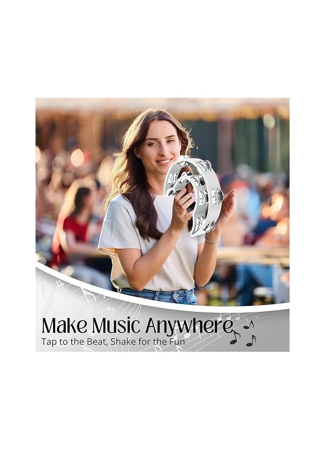 Megarya Megarya Tambourine Metal Half Moon Musical Instruments Double Row Metal Jingles Hand Held Instruments Percussion with Ergonomic Handle Grip, Tambourines for Adults Church, White  - Image 4