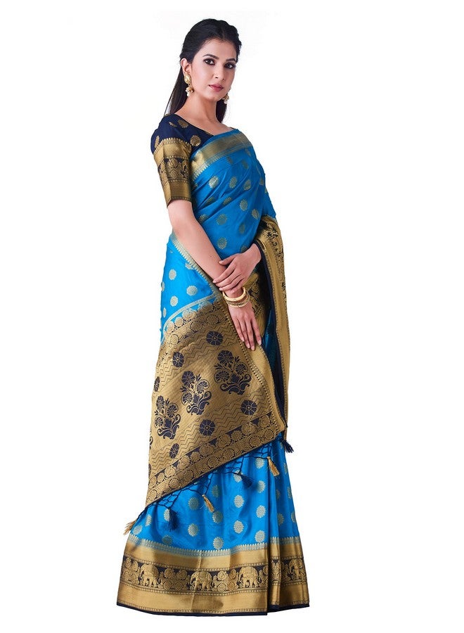 MIMOSA MIMOSA Women Kanchipuram Style Art Silk Saree Color : Blue (4446-377-2D-And-Nvy) - Image 4