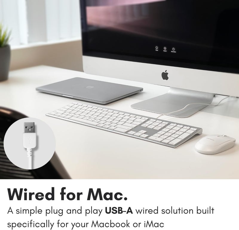MACALLY Ultra Slim USB Wired Computer Keyboard - Compatible Apple Keyboard or Windows - Full Size with 20 Mac Keyboard Keys -with Numeric Keypad - Silver Aluminum Finish - Image 2