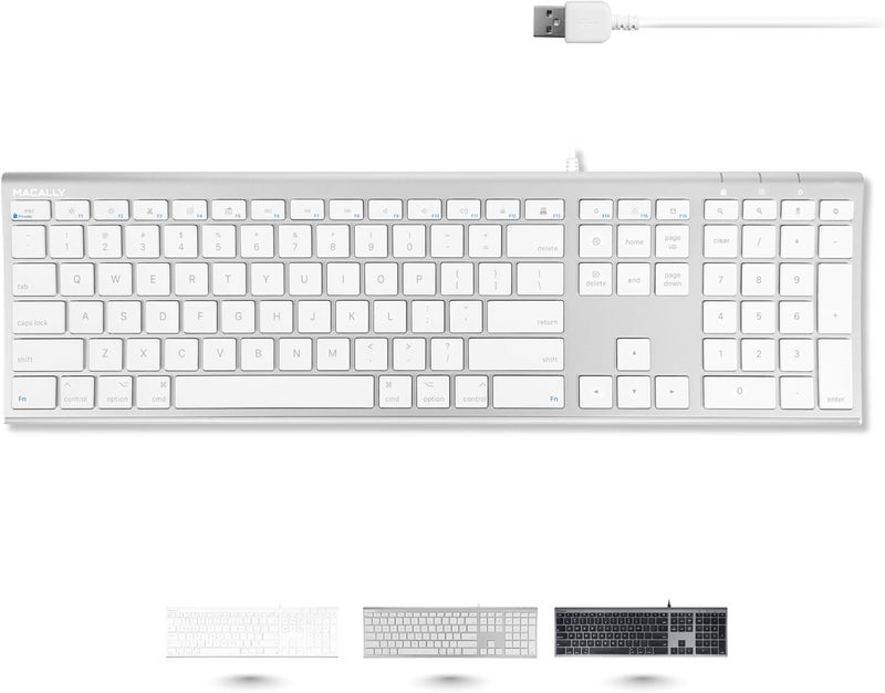 MACALLY Ultra Slim USB Wired Computer Keyboard - Compatible Apple Keyboard or Windows - Full Size with 20 Mac Keyboard Keys -with Numeric Keypad - Silver Aluminum Finish - Image 1
