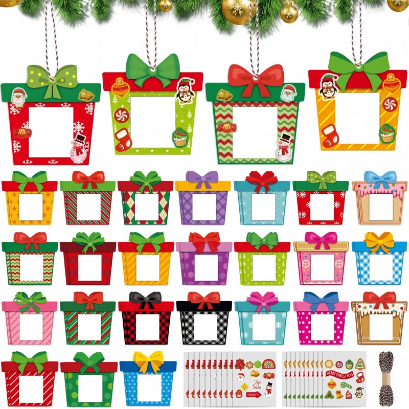 Cholemy 48 Pcs Photo Frame Hanging Frame Ornaments Present Box Gingerbread Craft Kit with Stickers for Party Holiday Tree DecorationGift Style - Image 2