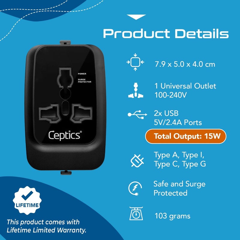 Ceptics Universal Charger Adapter, Travel Adapter International All in One, 2X 2.A USB-A with 15W Total Output, Use in 150 Countries, Type A, C, G, I Output with Universal Input - Black - Image 3