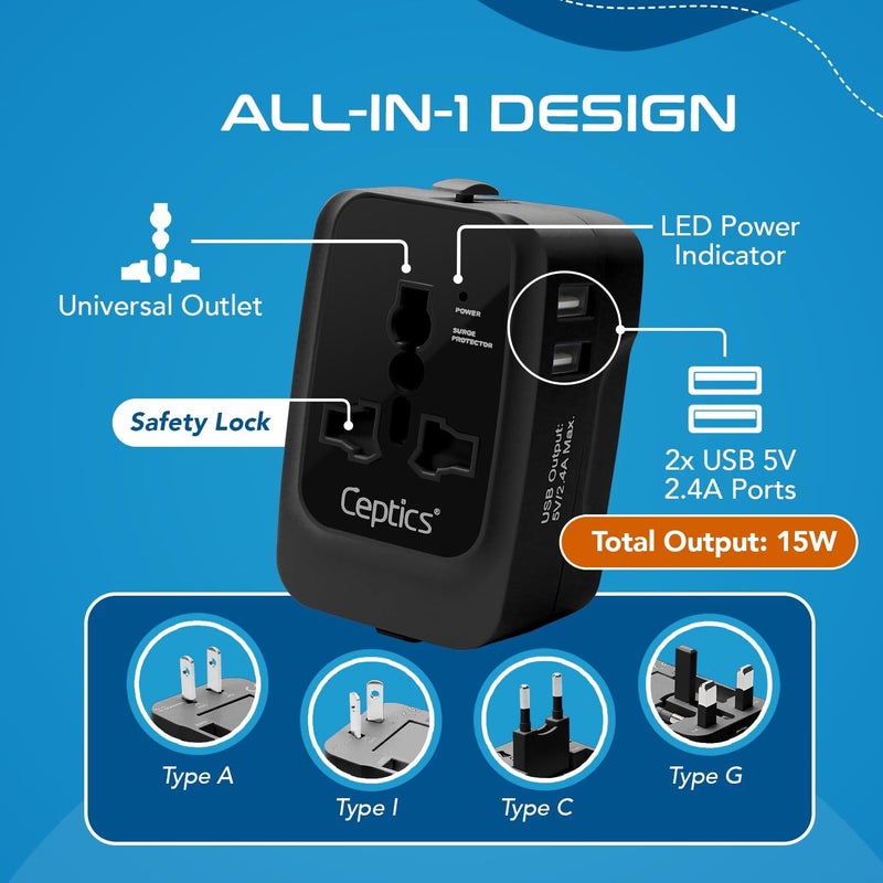 Ceptics Universal Charger Adapter, Travel Adapter International All in One, 2X 2.A USB-A with 15W Total Output, Use in 150 Countries, Type A, C, G, I Output with Universal Input - Black - Image 4