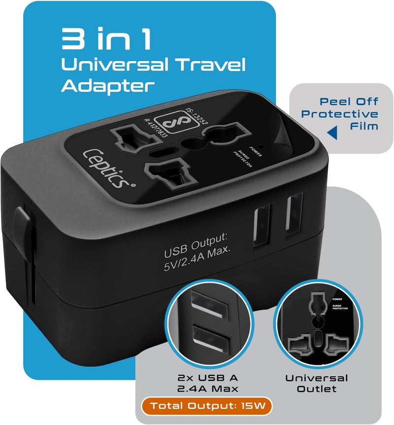 Ceptics Universal Charger Adapter, Travel Adapter International All in One, 2X 2.A USB-A with 15W Total Output, Use in 150 Countries, Type A, C, G, I Output with Universal Input - Black - Image 2