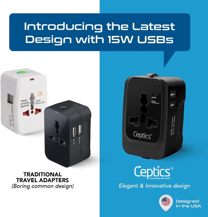 Ceptics Universal Charger Adapter, Travel Adapter International All in One, 2X 2.A USB-A with 15W Total Output, Use in 150 Countries, Type A, C, G, I Output with Universal Input - Black - Image 5