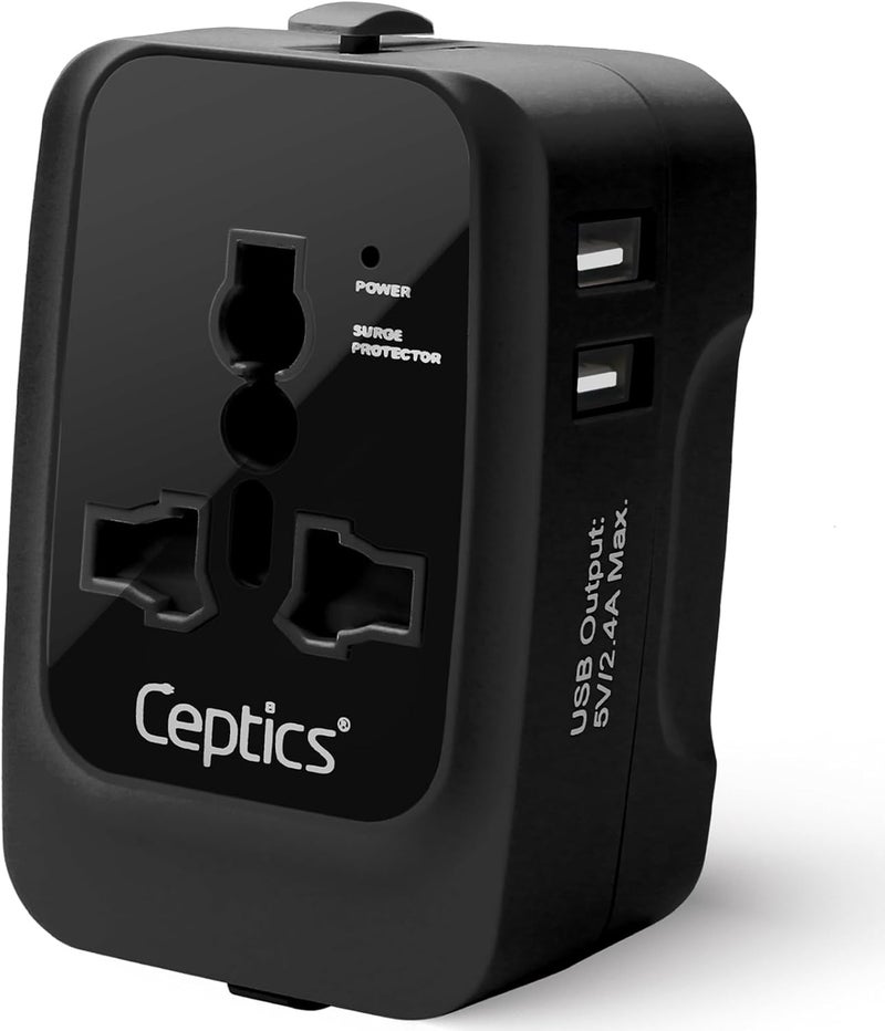 Ceptics Universal Charger Adapter, Travel Adapter International All in One, 2X 2.A USB-A with 15W Total Output, Use in 150 Countries, Type A, C, G, I Output with Universal Input - Black - Image 1