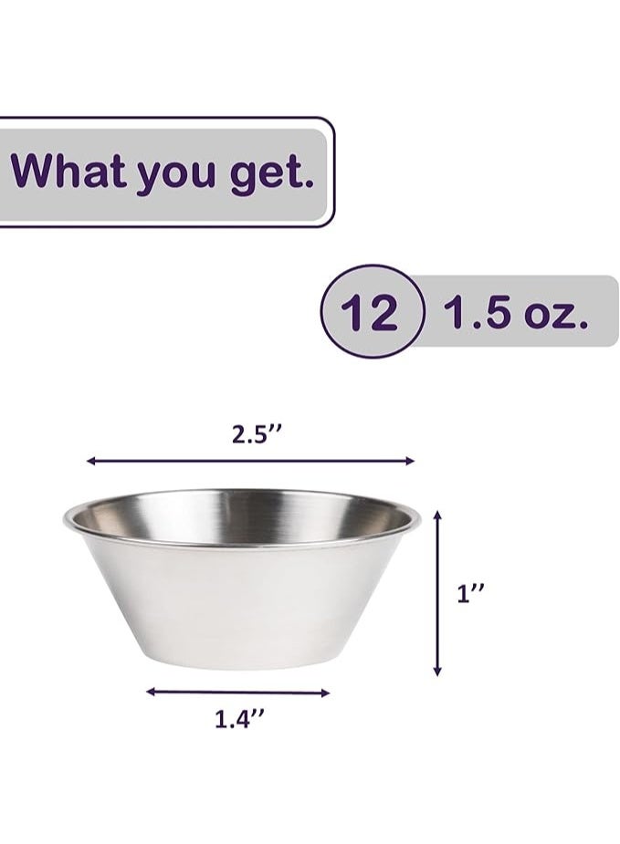 DUNISO 12 قطعة أطباق صلصة من الفولاذ المقاوم للصدأ، أطباق فردية صغيرة قابلة لإعادة الاستخدام، كوب صلصة متعدد الوظائف، سهل التنظيف، يستخدم للصلصة اللحم، السلطة، الصلصة، السوشي، الحلويات، التوابل، 50 مل، فضي - Image 2